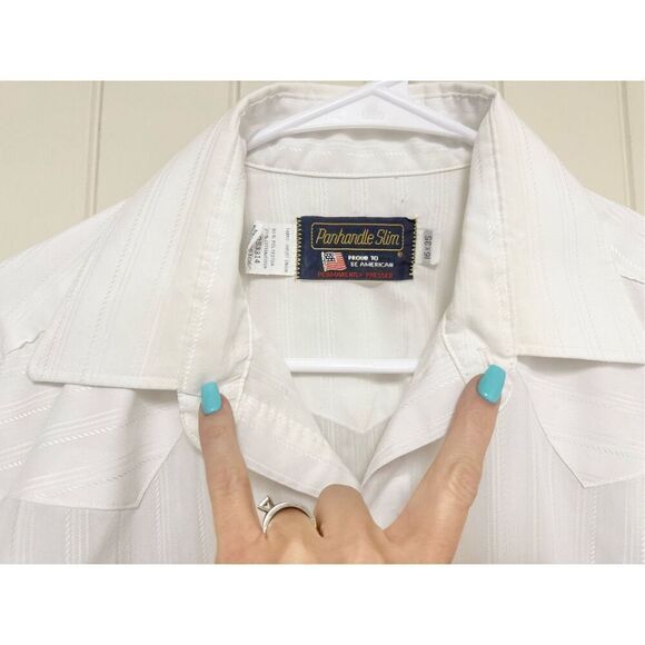 Vintage Panhandle Off White Slim Snap Western Shirt Made in USA Men's 16x34 - Picture 2 of 9